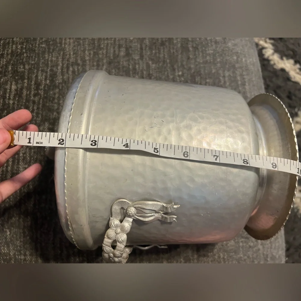 Vintage Hammered Aluminum Art Nouveau Ice Bucket Rose Bud Floral Trim Handles